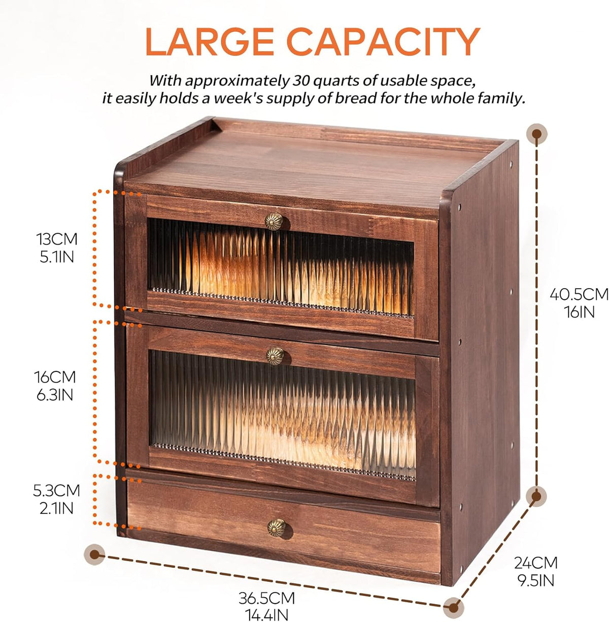 Solid Wood Bread Box for Kitchen Countertop with Drawer, 2-Tier Large Wooden Bread Storage Bin with Cutlery Organizer, Farmhouse Bread Keeper for Homemade Bread, Brown (50 Deli Papers)