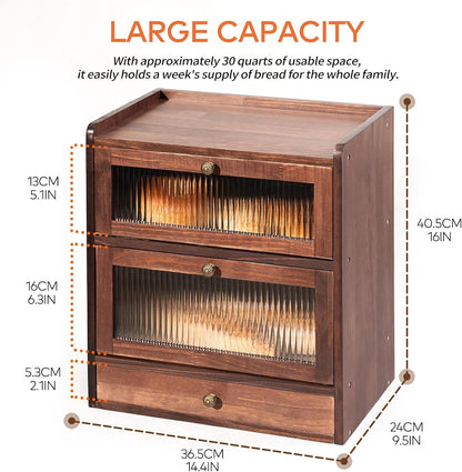 Solid Wood Bread Box for Kitchen Countertop with Drawer, 2-Tier Large Wooden Bread Storage Bin with Cutlery Organizer, Farmhouse Bread Keeper for Homemade Bread, Brown (50 Deli Papers)