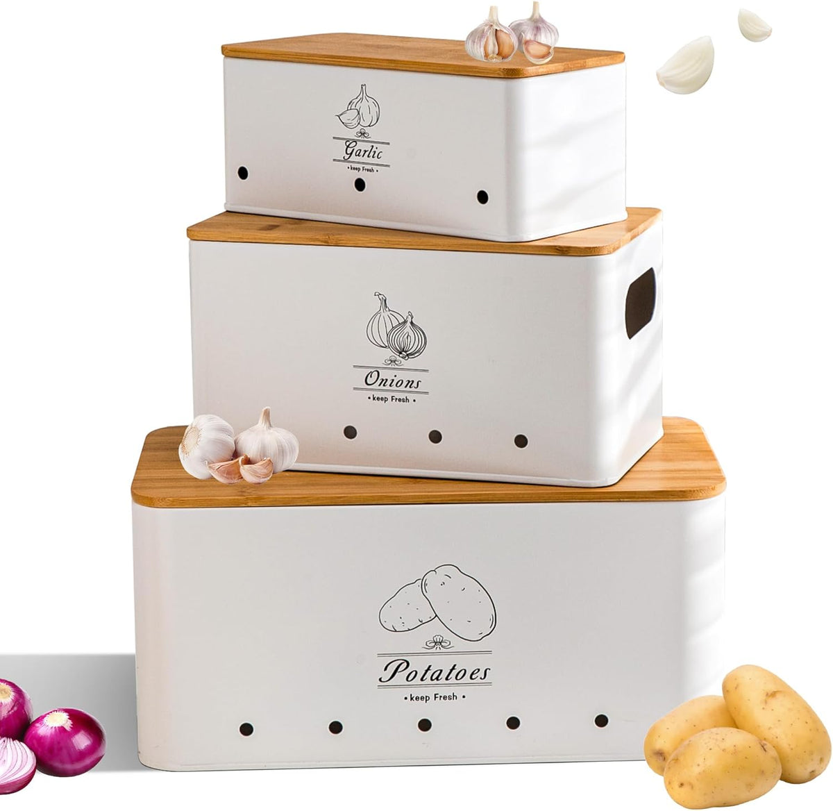 Potato Onion and Garlic Storage Bin Set of 3, Black Metal Kitchen Vegetable Canisters with Bamboo Lid and Aerating Holes, Stackable Kitchen Storage Tin for Countertop Pantry