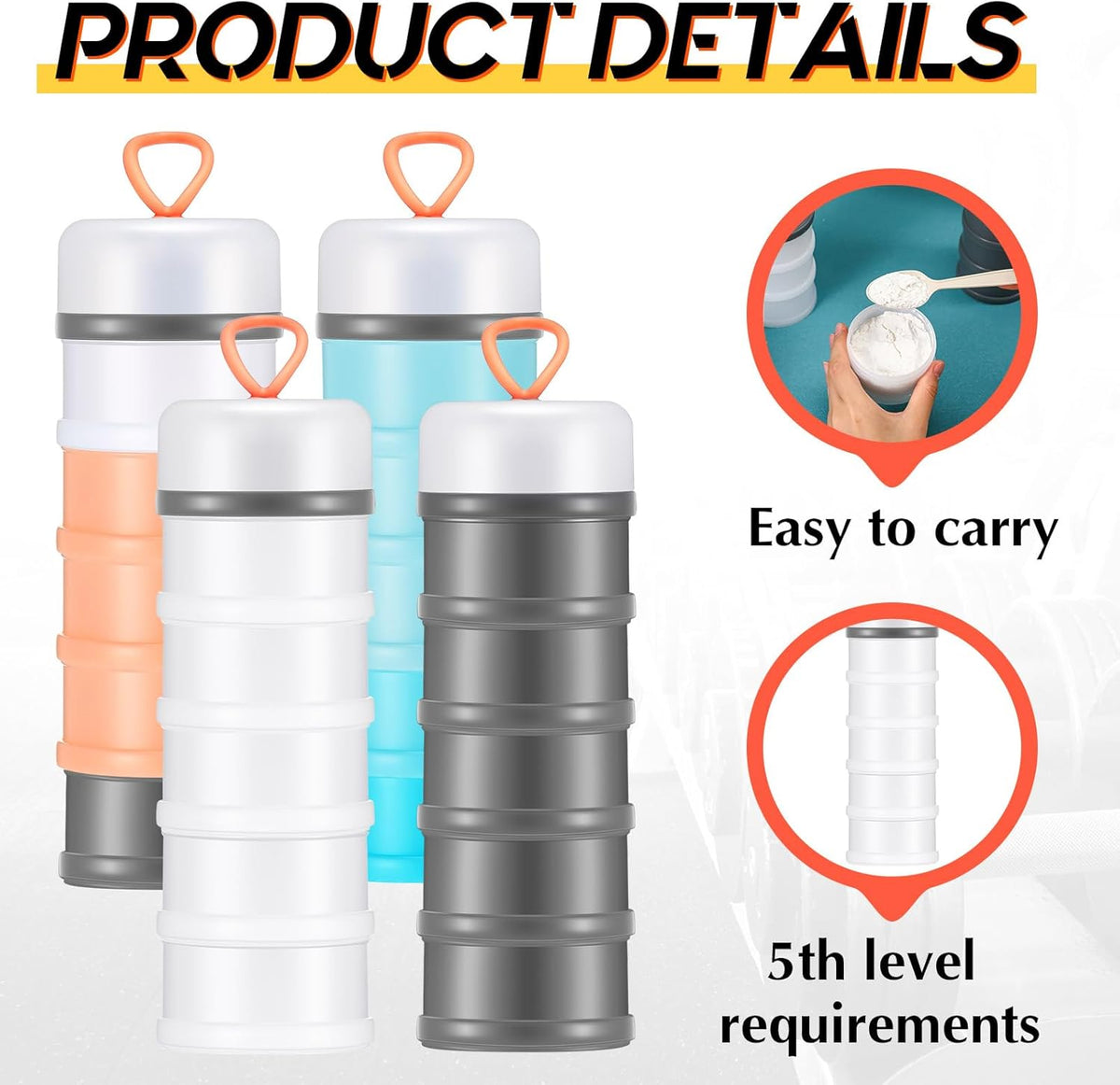 Baderke 4 Pcs Protein Powder Container 5 Layers Stackable Leakproof Container Powder Dispenser with Funnels Stand Keychain Flour Canister for Workout Fitness(Gray, White)