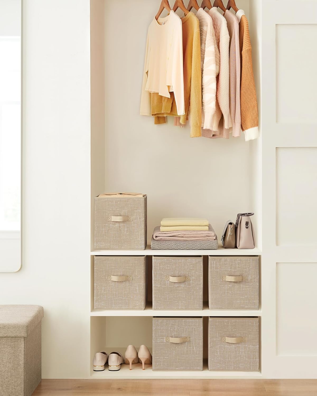 SONGMICS Storage Cubes, 11-Inch Non-Woven Fabric Bins with Double Handles, Set of 6, Closet Organizers for Shelves, Foldable, for Clothes, Cattail Gray UROB26LG