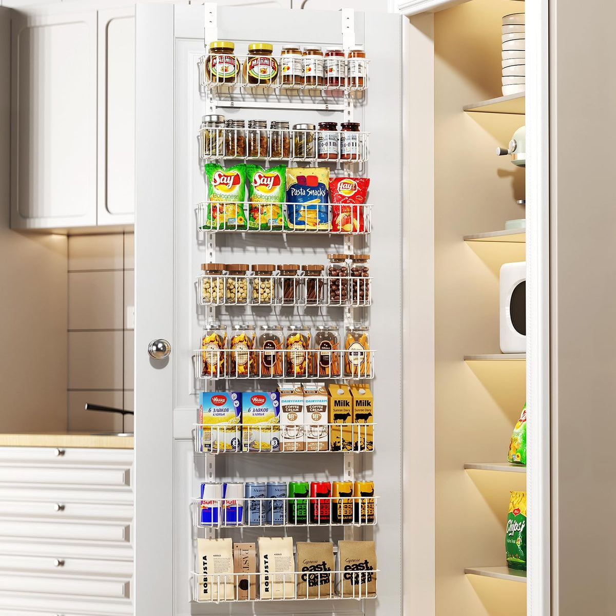 Delamu Adjustable Cabinet Door Organizer, 6-Tier Hanging Spice Rack Organizer, Metal Over the Door Pantry Organizer, Pantry Organizers and Storage Shelves for Kitchen Bathroom Laundry Room, White M