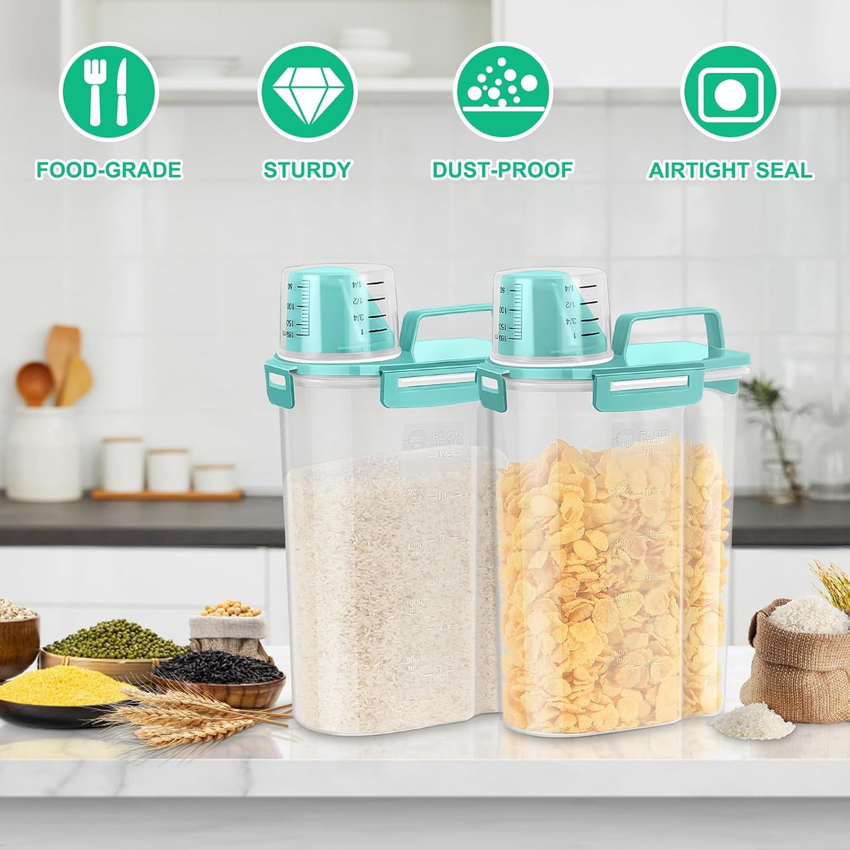 TBMax Rice Container Cereal Storage Container 2 Pack 5 Lbs, Kitchen Pantry Dry Food Storage Holder with Easy-Pouring Spout & Handy Cup, Small Pet Dog Cat Food Dispenser for Daily Feeding -Grey