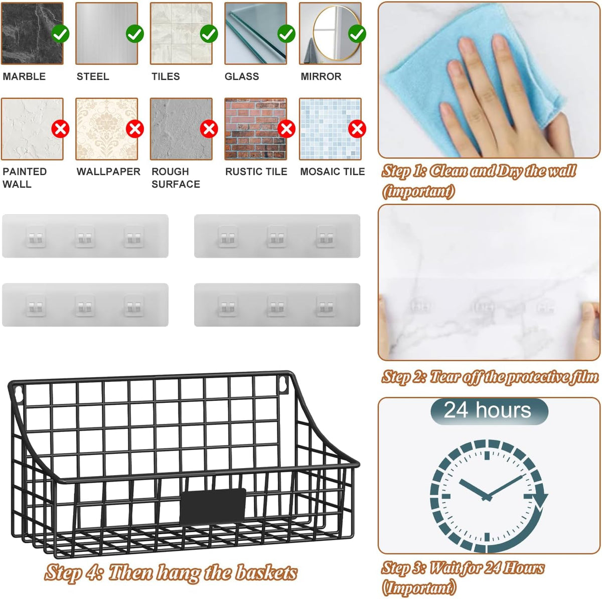 Sonyabecca 6 Pack Hanging Wall Basket for Organizing, Large Wire Basket for Storage Pantry with 5 S Hook+6 Adhesive Hook, Wall Mounted Shelf for Kitchen Bathroom