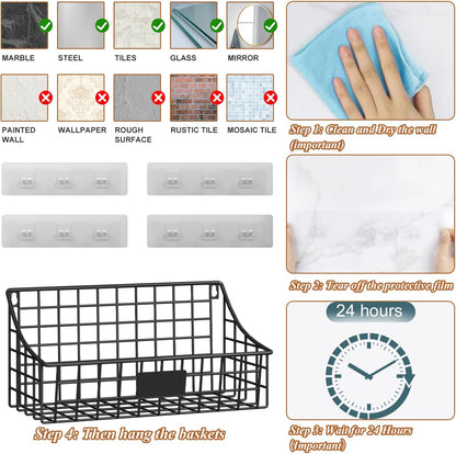 Sonyabecca 6 Pack Hanging Wall Basket for Organizing, Large Wire Basket for Storage Pantry with 5 S Hook+6 Adhesive Hook, Wall Mounted Shelf for Kitchen Bathroom