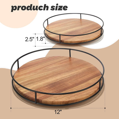 9" Acacia Wood Lazy Susan Turntable, Tomoaza Kitchen Organizer Turntable with Steel Sides, 360 Degree Lazy Susan for Countertop Cabinet or Dining Table