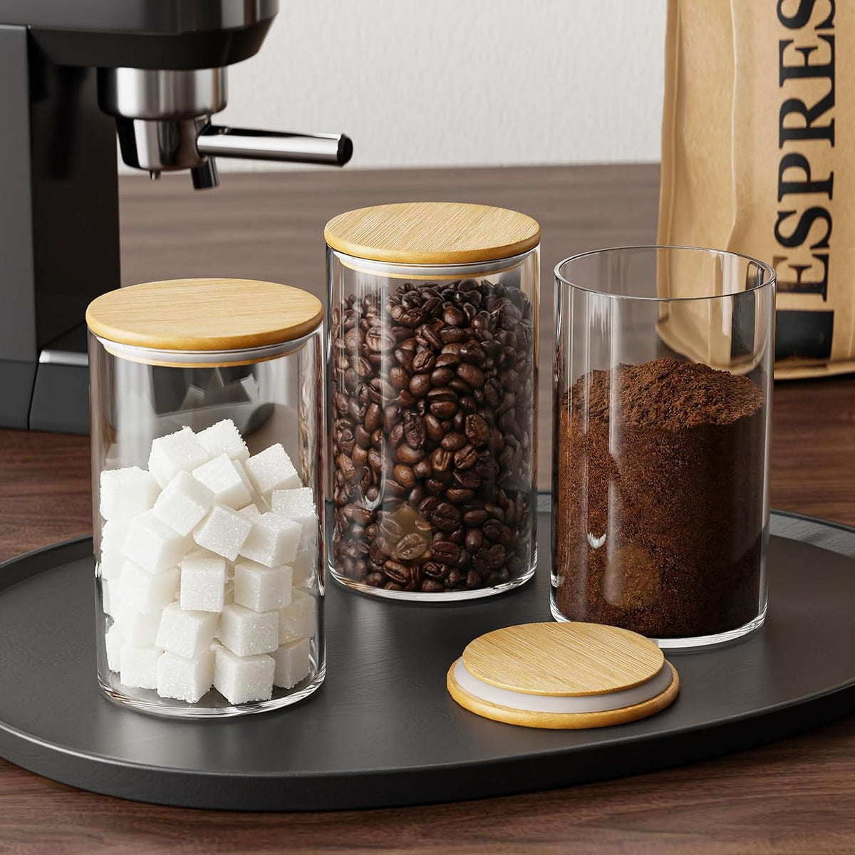 Glass Sugar Container with Spoon - 15oz Glass Jars with Bamboo Lid and Spoon, Bamboo Lid Storage Jar Canister for Coffee Beans, Spice, Brown Sugar, Tea, Flour, Nuts, Candy, Salts and More