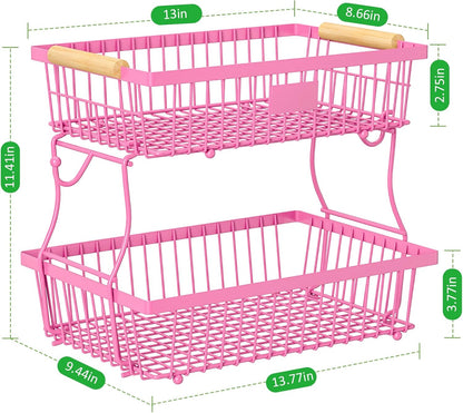 2 Tier Fruit Basket for Kitchen Counter with 2 Banana Hangers, Countertop Metal Bread Basket with Wooden Handle, Large Storage Stand for Vegetables, Snacks, Eggs, Produce Storage – Black
