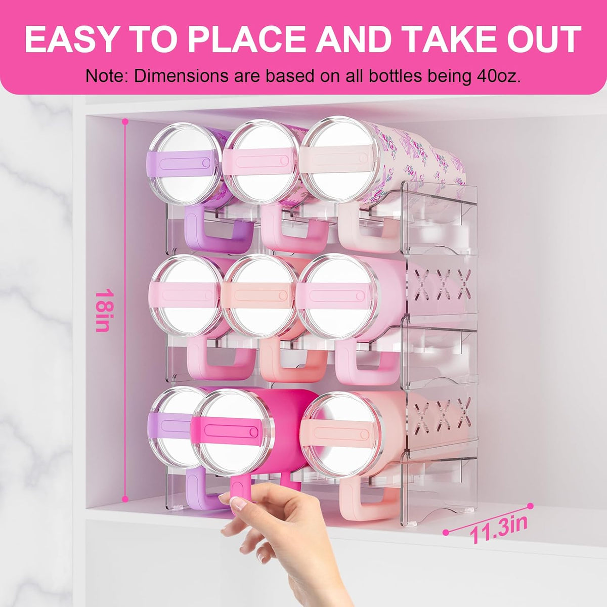 JYPS Tumbler Organizer, Acrylic Water Bottle Storage For Full Stanley 40oz Tumbler, Stackable Handle Cup Holder For Home Kitchen Pantry Countertop Cabinet, Size For Stanley/HydroJug/Owala/YETI/BrüMate