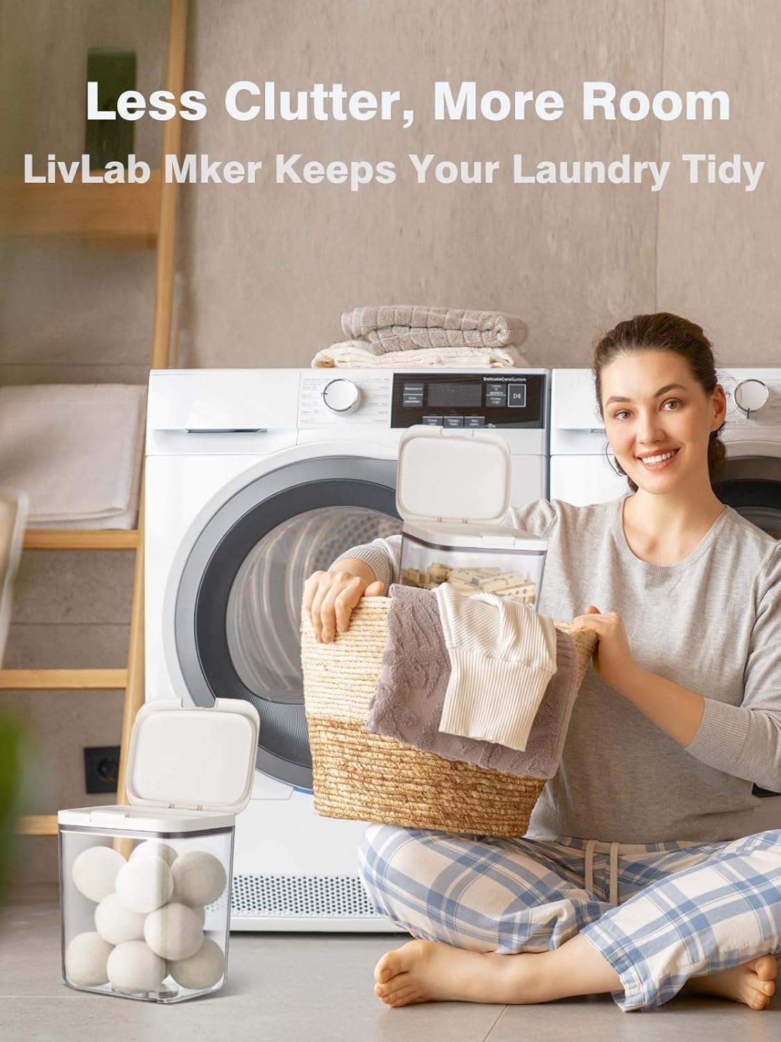 LivLab Mker Laundry Detergent Dispenser with One-Press Lid,Clear PET Powder container with Measuring Cup, Pods container 5.5L/12Lbs/200oz(270 Pods)
