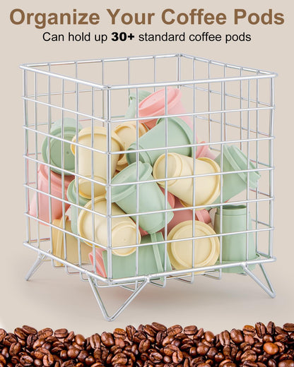 FantasyLife K Cup Holder Organizer, 5.3" x 5.3" x 6.3" Coffee Pod Storage Basket, Coffee Bar Accessories Metal Basket, Large Capacity Countertop Organizer for Kitchen Counter & Office Desktop (Gold)