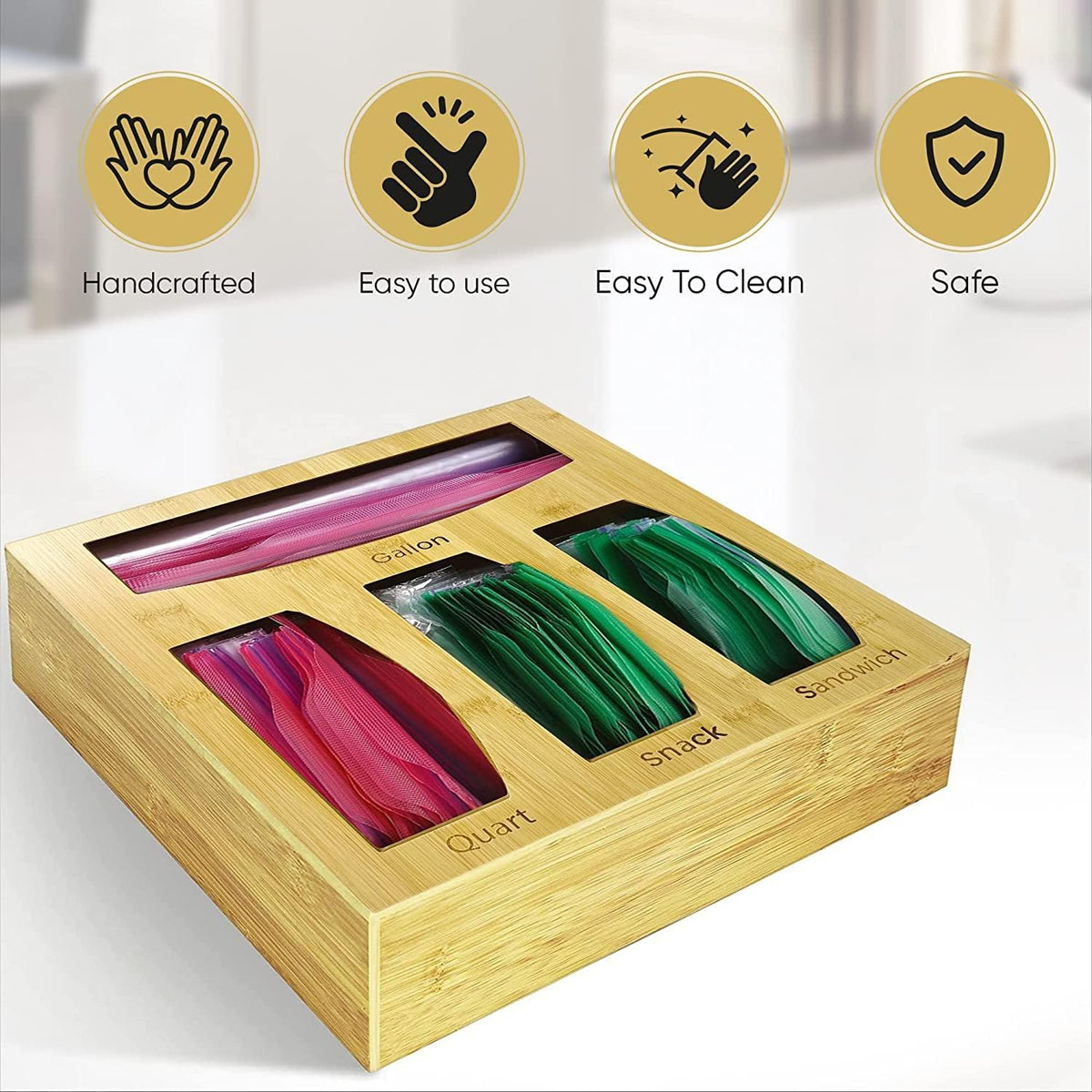 Bamboo Food Bag Storage Organizer for Kitchen Drawer, Baggie Holder for Solimo, Glad, Hefty Gallon, Quart, Sandwich and Snack Variety Size Bags (1 Box 4 Slots)