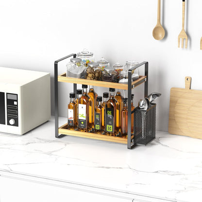 LEMIKKLE 2-Tier Coffee Bar Organizer With Basket,Wooden Counter Shelf for Coffee Bar Accessories,Kitchen Spice Rack Organizer for Countertop-Brown