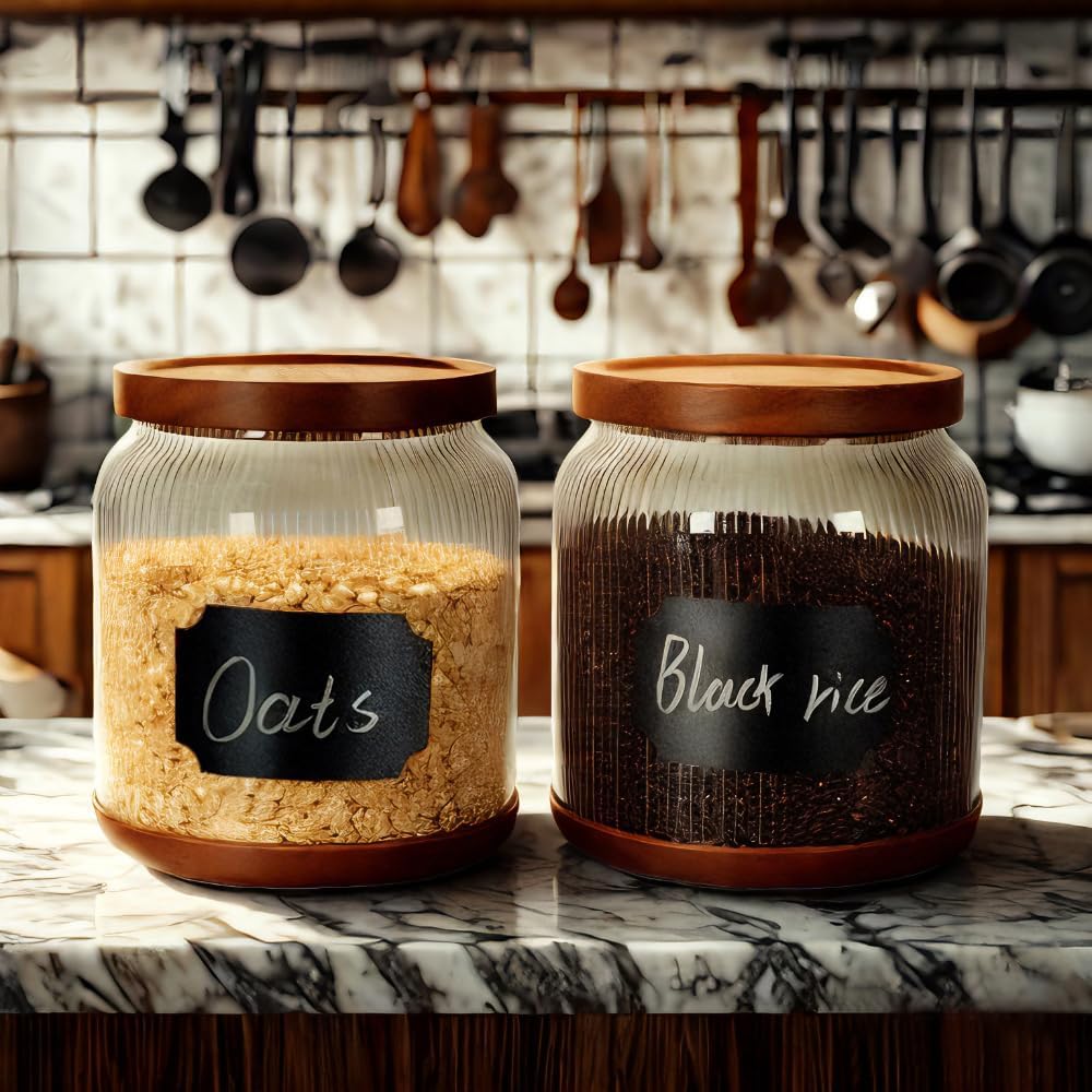 SAIOOL 2-Pack Striped Borosilicate Glass Airtight Canisters - Big mouth Large Capacity, Acacia Wood Lid, Food Storage Jars for Flour, Pasta, Pantry Organization (1/2 Gallon （Yellow Press lid 2 pack）)