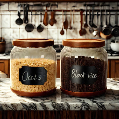 SAIOOL 2-Pack Striped Borosilicate Glass Airtight Canisters - Big mouth Large Capacity, Acacia Wood Lid, Food Storage Jars for Flour, Pasta, Pantry Organization (1/2 Gallon （Yellow Press lid 2 pack）)