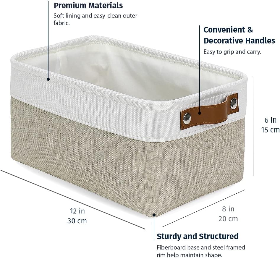 OrganiHaus 12x8in Canvas Storage Baskets 3 Pack | SMALL Fabric Bins for Shelves | Pantry & Bathroom Organizer | Beige/Off-White