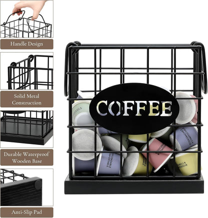 Coffee Pod Holder Organizer,Large Capacity K Cup Holder Organizer, Storage Basket for Kitchen Countertop Office Coffee Bar with Wooden Base(Rustic Brown-Square)