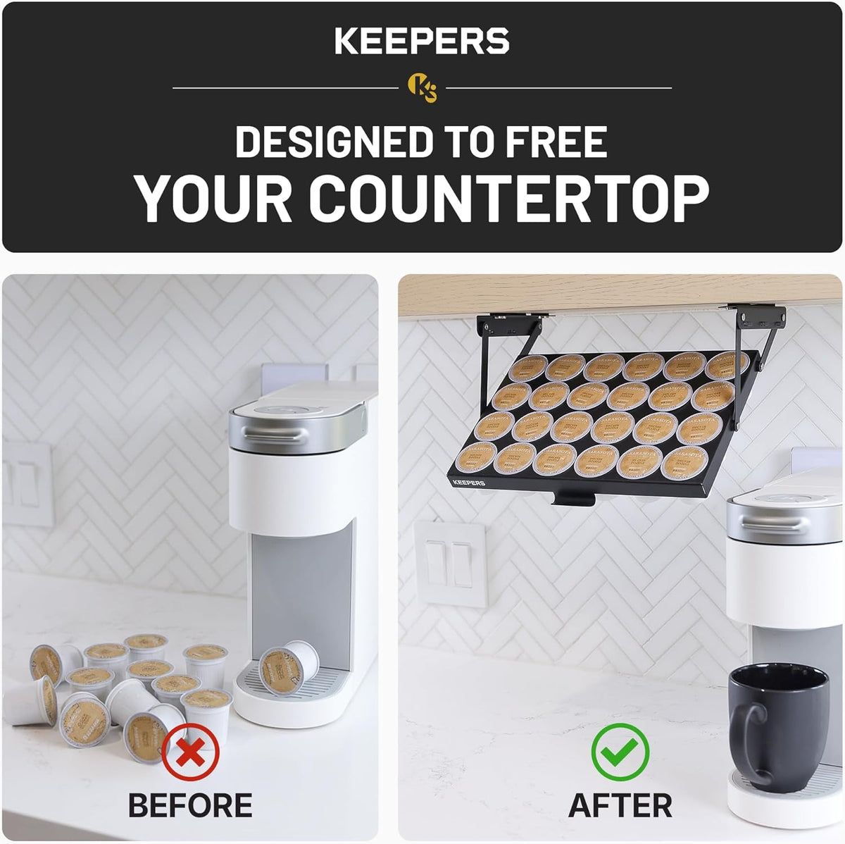 COFFEEKEEPERS KEEPERS Under Cabinet K Cup Holder with Swing-Down Access – Space-Saving Coffee Pod Holder and K Cup Organizer for 24 Pods – Steel Coffee Pod Organizer with Easy DIY Installation