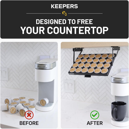 COFFEEKEEPERS KEEPERS Under Cabinet K Cup Holder with Swing-Down Access – Space-Saving Coffee Pod Holder and K Cup Organizer for 24 Pods – Steel Coffee Pod Organizer with Easy DIY Installation