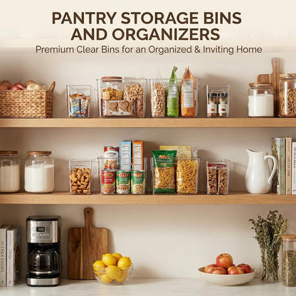 MOONEDGE Set of 4 Clear Plastic Organizer Bins, 2 Large & 2 Small Storage Bins for Pantry, Nestable Space-Saving Containers for Cabinets, Under-Sink, Bathroom, Kitchen & Freezer Organization