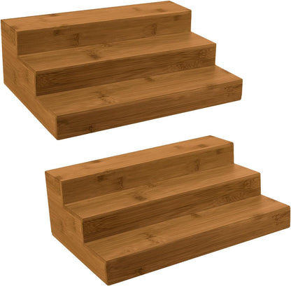 Bamboo Spice Rack Organizer for Cabinet 2 Pack - 3 Tier Countertop Step Shelf, Seasoning Storage Stand for Kitchen Pantry, Spice Holder for Jars Bottles Cans (Natural)