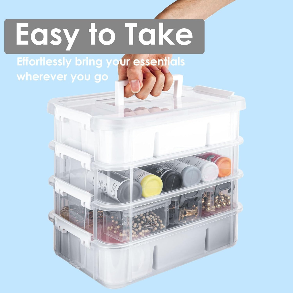 CraftGenes Grey&White Modern Plastic Storage Box - 4-Layer Durable Craft Storage Containers with 2 Removable Trays for Arts & Crafts Supplies, Sewing, Office, Seasonal Decor