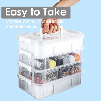 CraftGenes Grey&White Modern Plastic Storage Box - 4-Layer Durable Craft Storage Containers with 2 Removable Trays for Arts & Crafts Supplies, Sewing, Office, Seasonal Decor