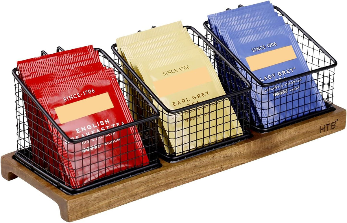 HTB 2 Tier Tea Organizer for Tea Bags, Tea Bag Holder with Acacia Wood Stand and 6 Removable Metal Basket for Sugar Packets, Sweeteners, Creamers for Cabinet, Countertop or Wall-mounted