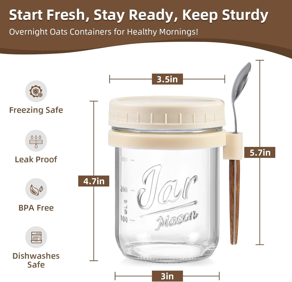 4 Pack Overnight Oats Containers with Lids and Spoons, 16 oz Glass Mason Jars with Airtight Lids, Overnight Oats Jars for Milk, Cereal, Fruit