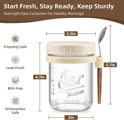 4 Pack Overnight Oats Containers with Lids and Spoons, 16 oz Glass Mason Jars with Airtight Lids, Overnight Oats Jars for Milk, Cereal, Fruit