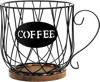 Coffee Pod Holder Organizer,Large Capacity K Cup Holder Organizer, Storage Basket for Kitchen Countertop Office Coffee Bar with Wooden Base(Rustic Brown-Square)