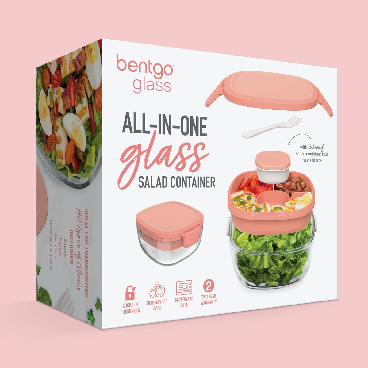 Bentgo Glass Prints Salad Container - 7.6-Cup Tinted Glass Salad Bowl with Airtight Lid, Leak-Proof Sauce Container, 4-Compartment Bento Meal Prep Tray & Reusable Fork (Floral Maximalist - Sea)