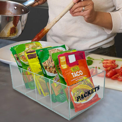 Seasoning Packet Organizer - Acrylic Packet Organizer Pantry for Sauces Spice Condiment Snack Packets with 4 Compartments, Clear Storage Caddy for Cabinet and Countertop.