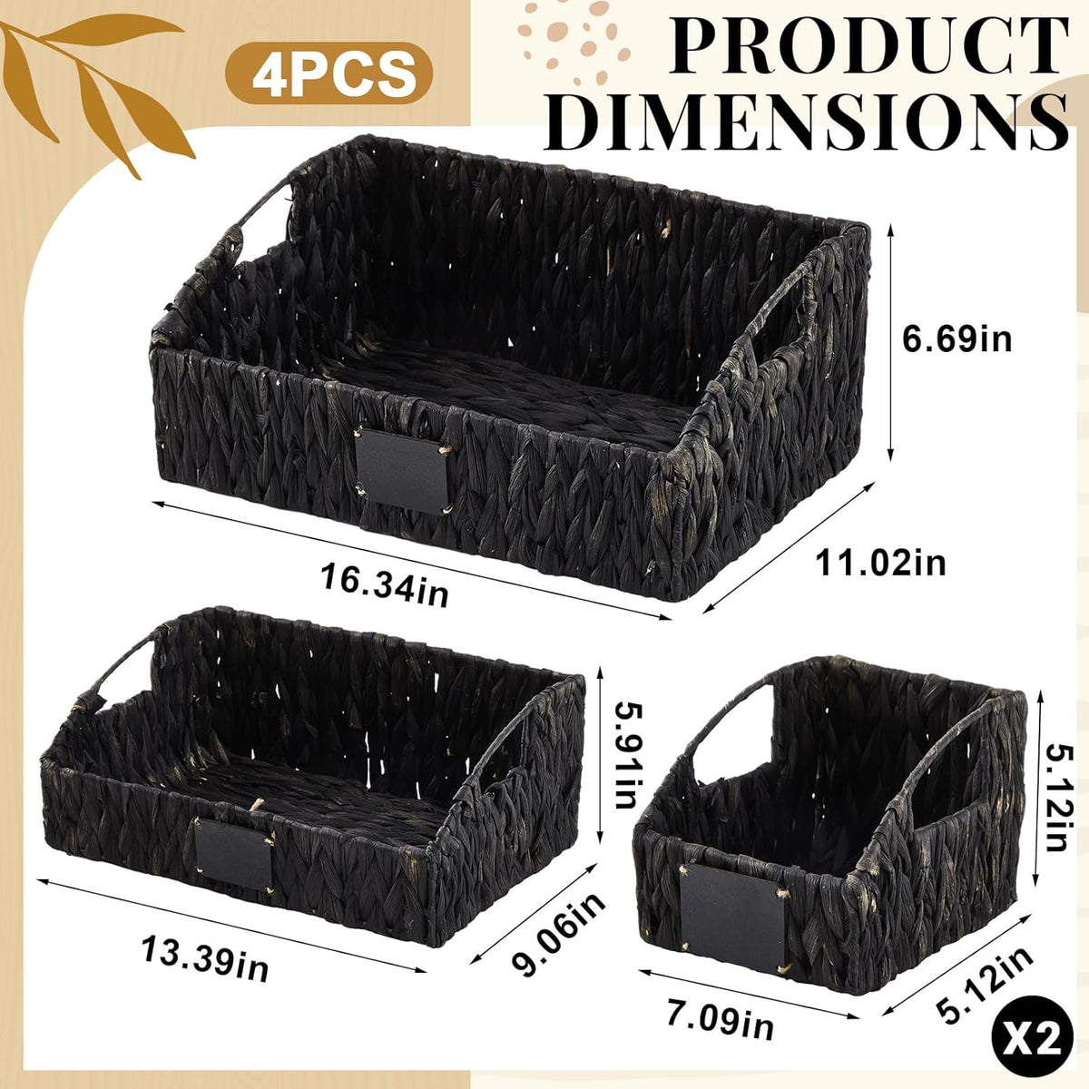 Wonderjune 4 Pcs Water Hyacinth Storage Basket Set Boho Wicker Rattan Pantry Basket with Chalkboard Label Handles Woven Container Kitchen Laundry Large Small for Shelves Food Home Bathroom Decor