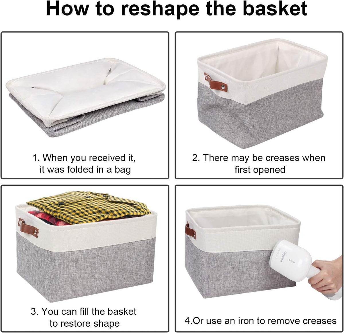 Univivi 4PC Small Fabric Storage Bins,15x6x5 inch Long Narrow Storage Baskets with PU Handles for Closet,Cabinet,Countertop Organizing Small Items (Gray,15x6x5 inch)