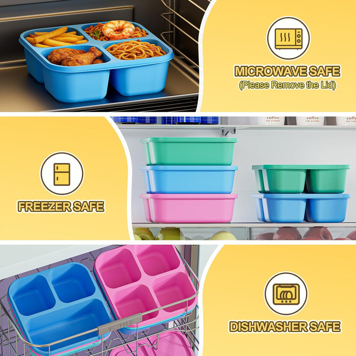 Canfanni 6 Pcs Snack Box Container Set, Reusable 3&4 Compartment Meal Prep Snack Containers for Adults Kids Toddler, BPA-Free Divided Lunchable Container for School, Work and Travel (5 Color)