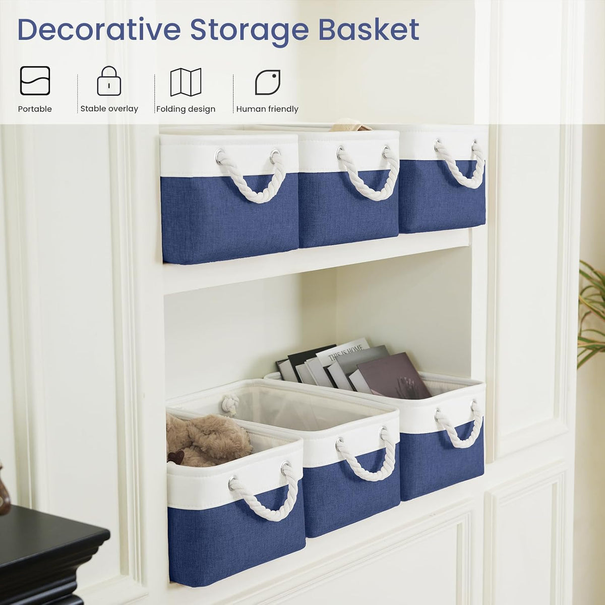 Large Storage Baskets- 15.7x11.8x8.26 inch Storage Bins for Shelves and Closet Organizing, Foldable Fabric Bin for Home Organization Clothes and Laundry (3-Pack, White&Khaki)