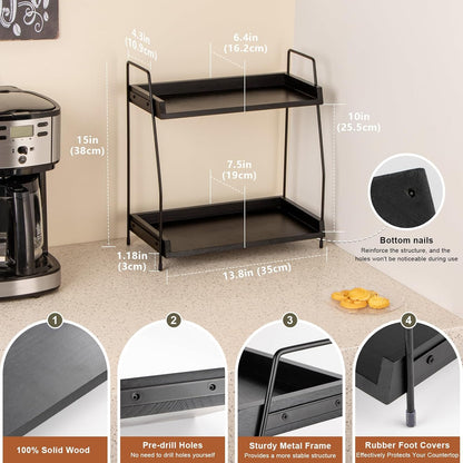 ANBOXIT Countertop Coffee Station Organizer, 2 Tier Wooden Shelf for Coffee Bar Accessories, Condiment Storage Caddy for Kitchen, Home, Office - Brown
