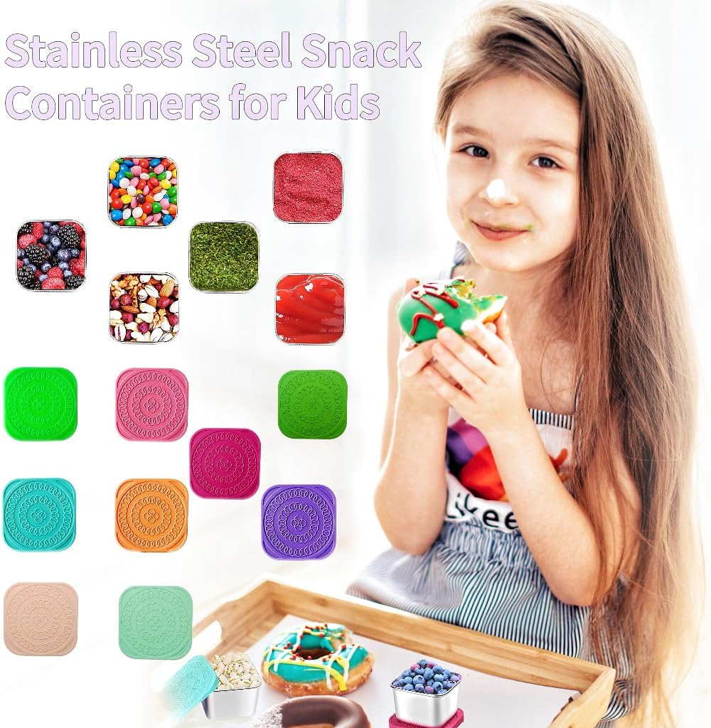 HTEVW 6Pack 6oz Stainless Steel Snack Containers for Kids, Easy Open Leak Proof Metal Toddler Snack Containers with Silicone Lids, Stackable Metal Toddler Lunch Box for Daycare, School and Travel