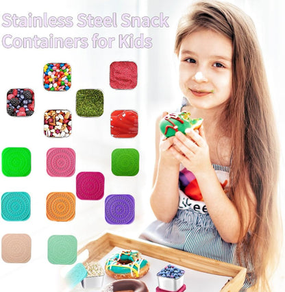 HTEVW 6Pack 6oz Stainless Steel Snack Containers for Kids, Easy Open Leak Proof Metal Toddler Snack Containers with Silicone Lids, Stackable Metal Toddler Lunch Box for Daycare, School and Travel