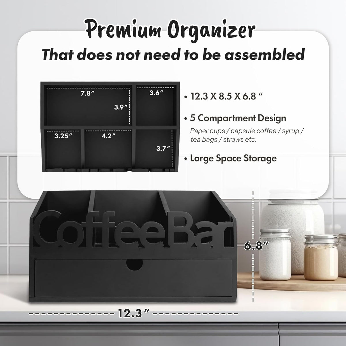 Coffee Bar Organizer for Countertop – Wooden Coffee Caddy with Compartments for Pods, Sugar Packets, and Accessories – Coffee Condiment Station Storage for Home and Office (Black)