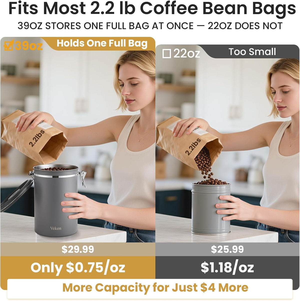 Veken Coffee Canister, 39OZ Large, Mothers Day Gifts For Women, Airtight Stainless Steel Food Storage Container for 2.2lbs Coffee Beans, Ground, Sugar, Tea, Flour, Cereal,Kitchen Bar Accessories,Cream