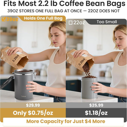 Veken Coffee Canister, 39OZ Large, Mothers Day Gifts For Women, Airtight Stainless Steel Food Storage Container for 2.2lbs Coffee Beans, Ground, Sugar, Tea, Flour, Cereal,Kitchen Bar Accessories,Cream