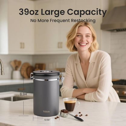 Veken Coffee Canister, 39OZ Large, Mothers Day Gifts For Women, Airtight Stainless Steel Food Storage Container for 2.2lbs Coffee Beans, Ground, Sugar, Tea, Flour, Cereal,Kitchen Bar Accessories,Cream