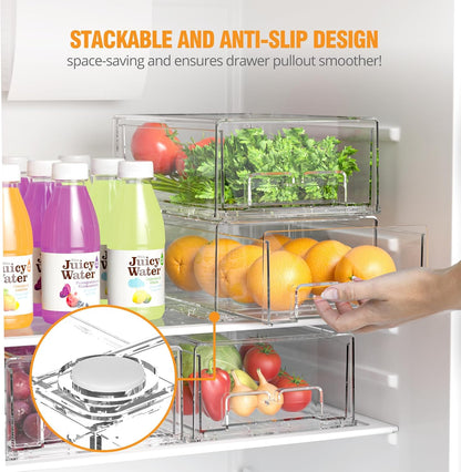 BOICHU 2 Pack Stackable Storage Drawers - Clear Refrigerator Drawers for Refrigerator Organizers and Storage, Acrylic Fridge Drawer Organizer with Handles for Bathroom, Undersink, Cabinet, Pantry, etc