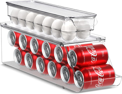 Sorbus Soda Can Organizer for Refrigerator & Egg Holder for Fridge Set, 4 Stackable Can Holder Dispenser Holds 12 Cans Each & 2 Egg Holders with Lid holds 14 eggs for Fridge, Pantry, Freezer, BPA-Free