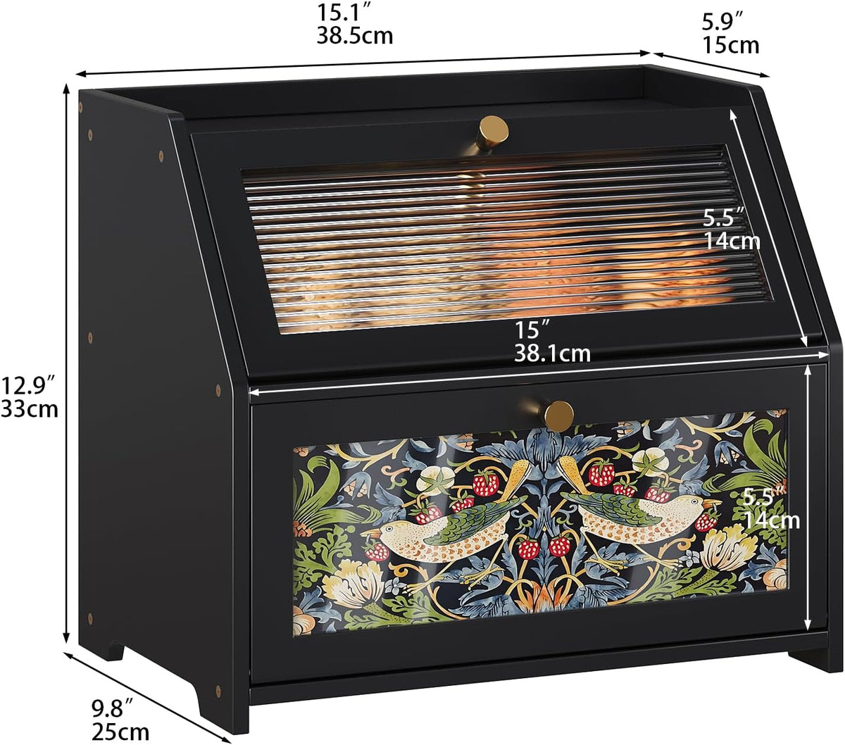 Trironsun Bread Box for Kitchen Counter Black Bread Storage Container with Acrylic Door William Morris Flower Bird Design Farmhouse Breadbox Organizer (Black)