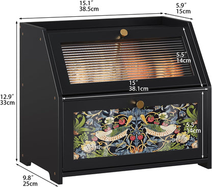 Trironsun Bread Box for Kitchen Counter Black Bread Storage Container with Acrylic Door William Morris Flower Bird Design Farmhouse Breadbox Organizer (Black)