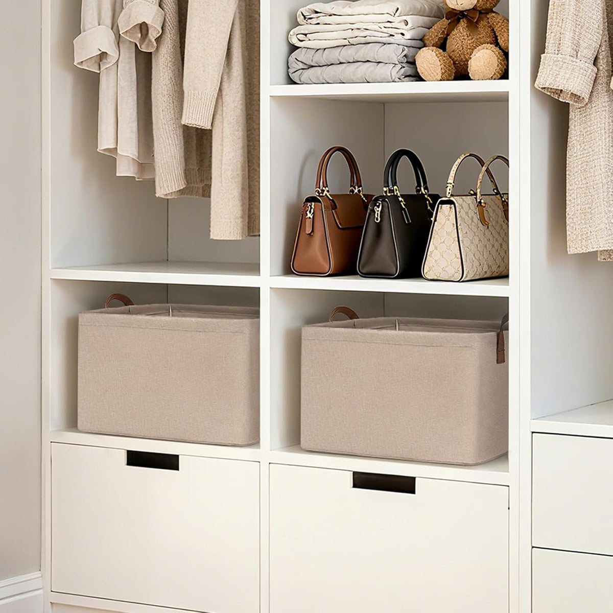 CHICVITA Large Storage Baskets for Shelves, Fabric Storage Bins with Metal Frame, Closet Organizers and Storage Boxes for Clothes Toy, Beige