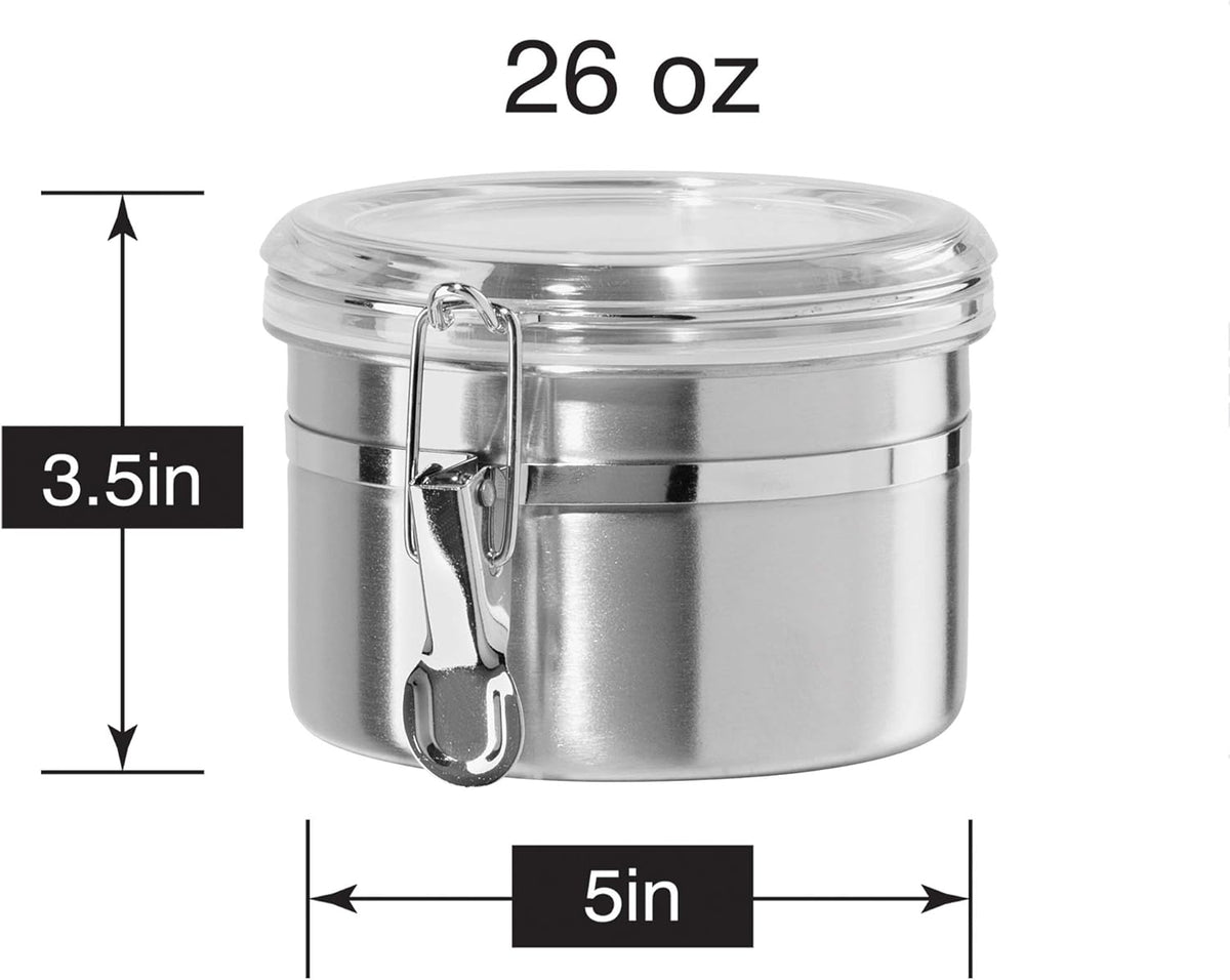 Oggi Stainless Steel Kitchen Canister 152 fl oz - Airtight Clamp Lid, Clear See-Thru Top - Ideal for Kitchen Storage, Food Storage, Pantry Storage. Jumbo Size 8" x 8".